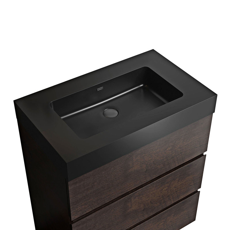 Rorer 29.9'' Single Bathroom Vanity with Engineered Stone Top, Walnut, Black