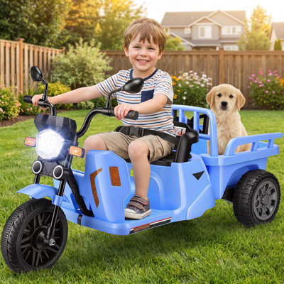 Tracteur électrique 12 V pour enfants avec remorque, 2 moteurs de 100 W, jouet électrique à 3 roues avec ceinture de sécurité, démarrage progressif, musique et pelle pour les enfants de 3 à 6 ans.