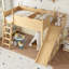 Lit mezzanine double avec tablettes de rangement et garde-robe, lits mezzanine en bois massif avec glissières amovibles et échelles, aucune boîte à ressorts nécessaire, naturel-344609907-344609909