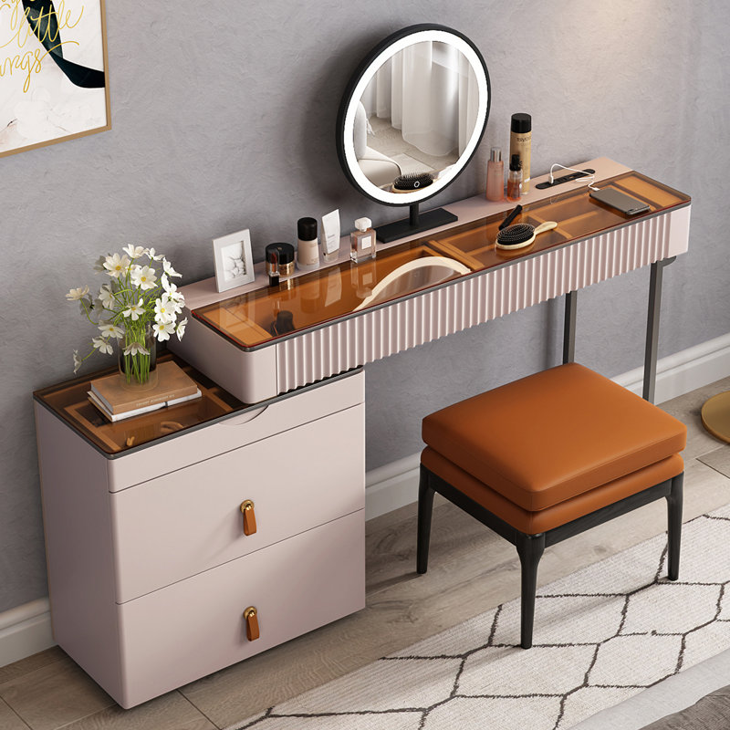 Dressing Table with Mirror, Grey/Pale Pink