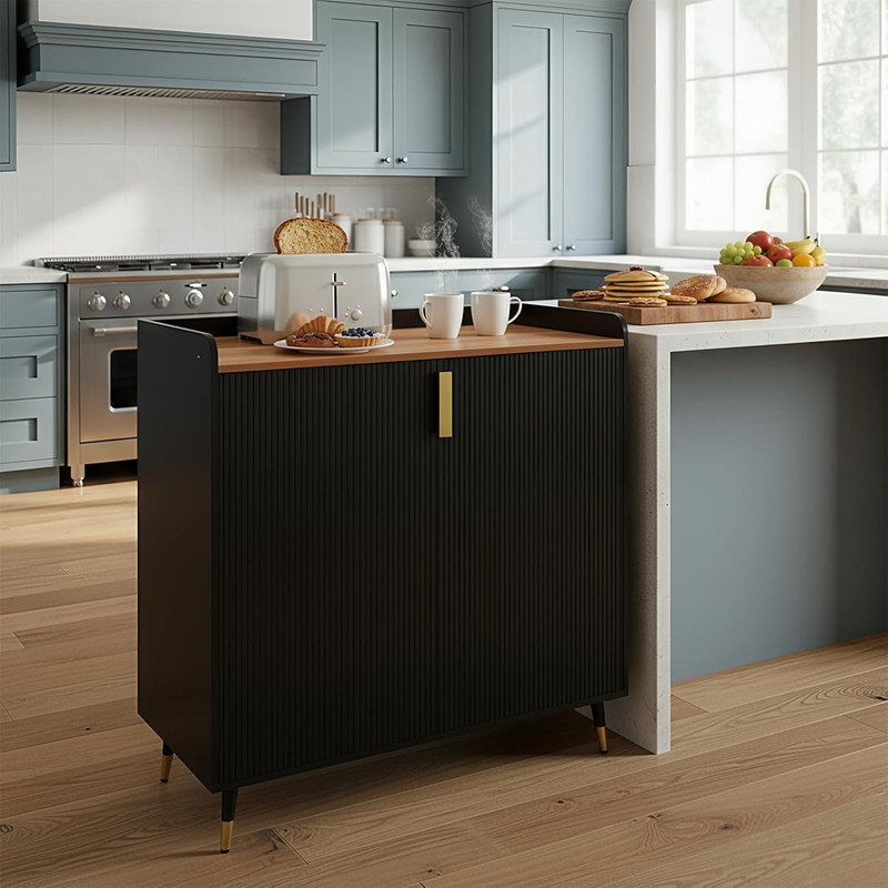 Wine Bar Cabinet with Fluted Glass Doors, Small Sideboard with Wine Rack for Dining & Living Room, Black