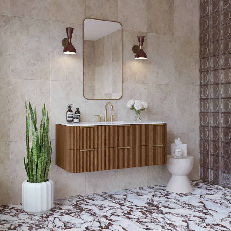 Kensington Floating Vanity 48" Single Vanity, Brown Reeded Birch