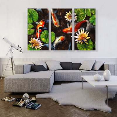 " Koi Carp Fish Asia Pond Water Lilies " 3 - Pieces Painting Print