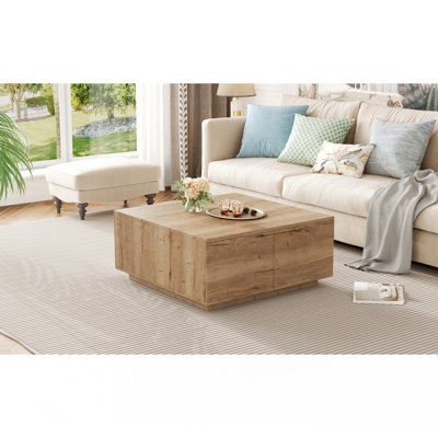 33.25" Square Coffee Table with 4 Drawers, Natural