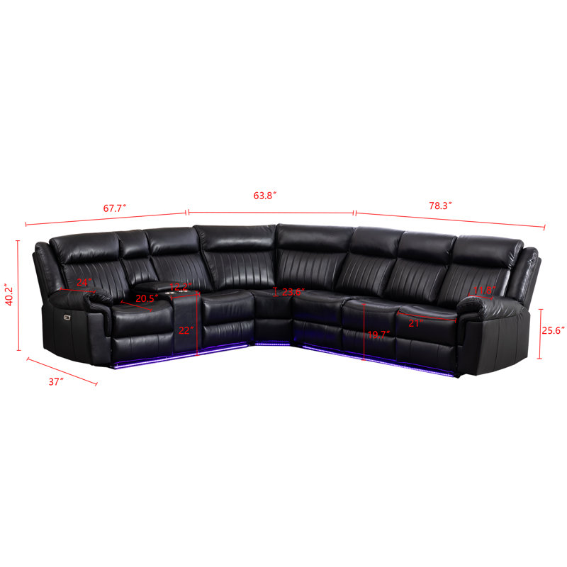 Power Reclining Corner Sectional Sofa With Led Lights Black Leather, Black Faux Leather