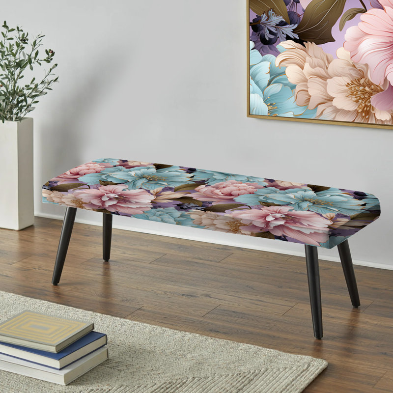 Bleu et rose pastel pivoines fleurs accent I - banc rembourré floral noir