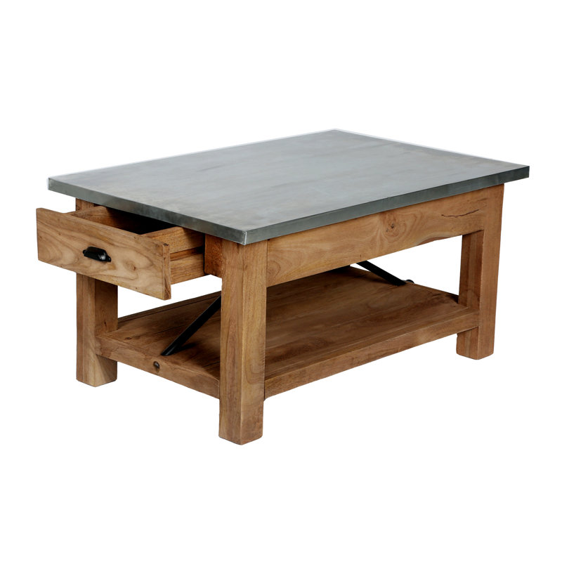 Industrial Gray Mango Wood and Steel Coffee Table with Shelf