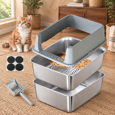 High-sided stainless steel sifting litter box for pine pellets measures 17.7" x 13.8" x 11", includes a sifter and scooper, and is designed for small cats with anti-leakage and odor control.