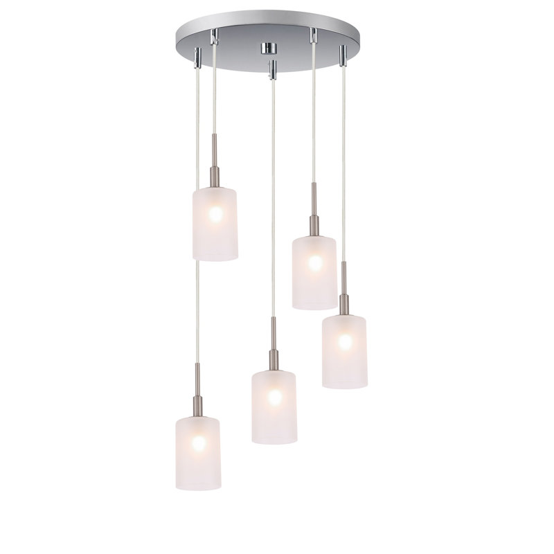 Luminaire suspendu cylindre grappe 5 lumières Herr, Nickel satiné, Halogène