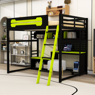Lit mezzanine double avec station de charge, bureau, tablettes de rangement, panneau perforé et éclairage DEL