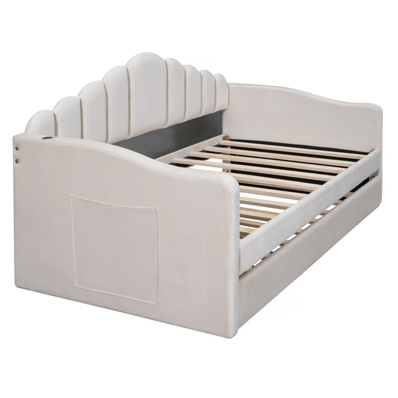 Twin Size Upholstered Daybed With Trundle, Sofabed With USB Charging Ports, Guest Bed, Beige