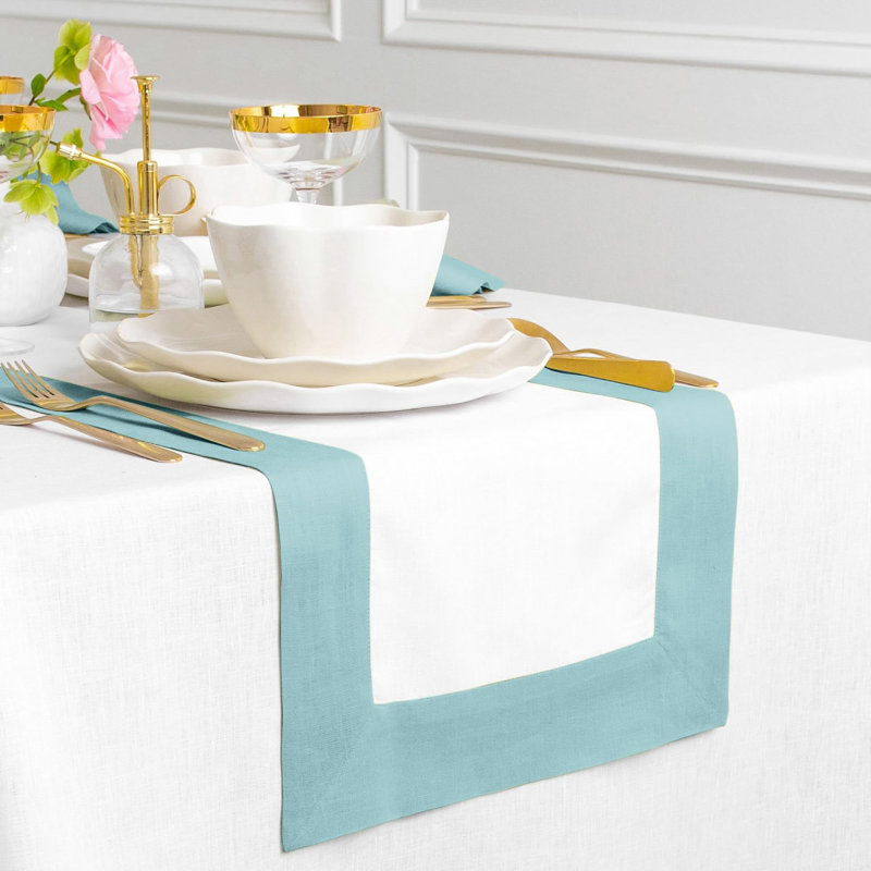 Contempo - 100% Pure Linen Table Runner, 90" x 14", Aqua Blue/White
