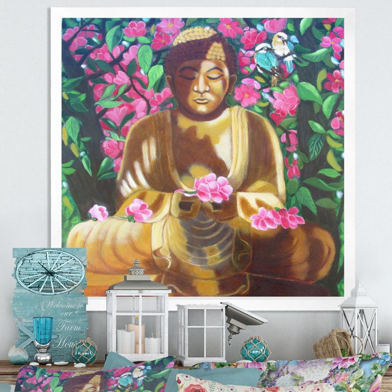 Bouddha avec fleurs mauves - œuvre d'art traditionnelle sur toile, H 30 po x l 30 po x P 1 po