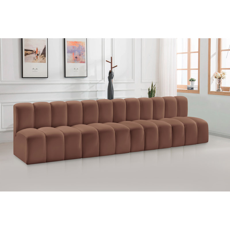 Hylee Upholstered 119'' Sofa, Cognac Vegan Leather