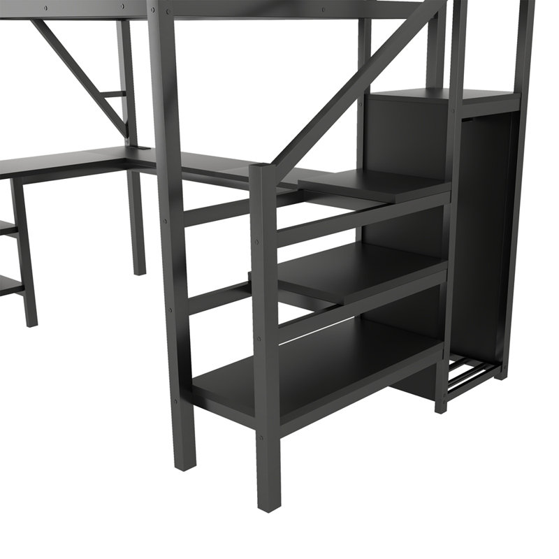 Lit mezzanine double avec bureau en L et port USB, Full, Black