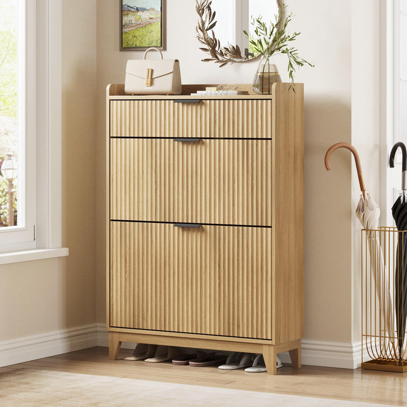 Fluted Shoe Storage Cabinet With 2 Flip Drawers & Large Drawer
