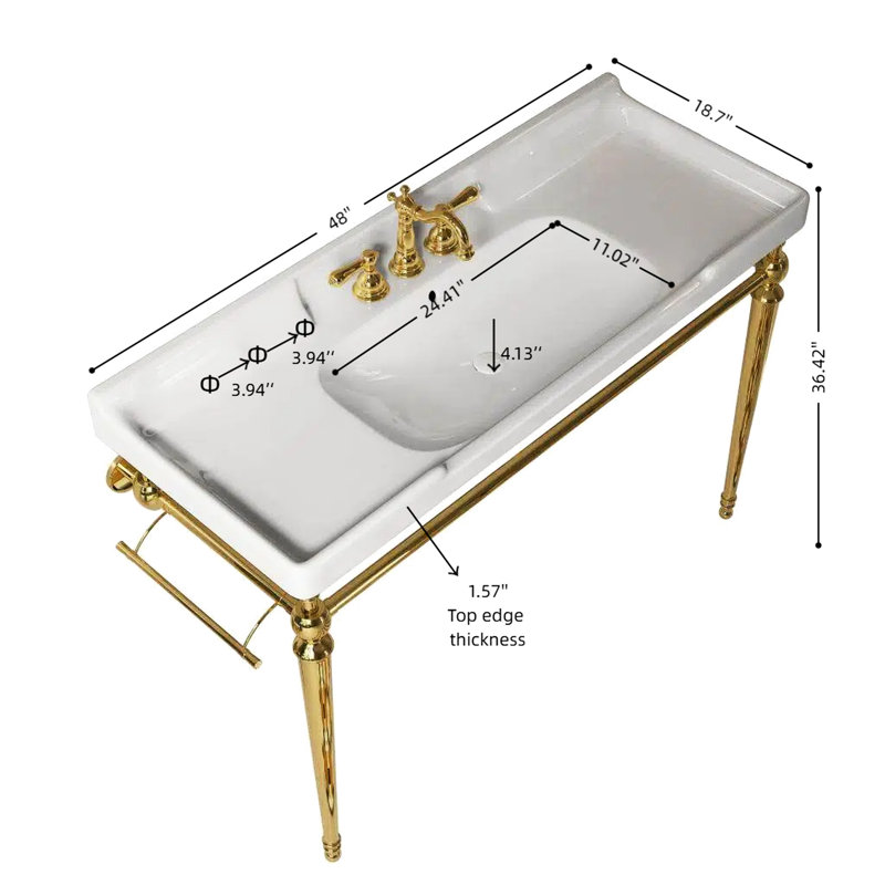 Lavabo de console de salle de bain 48 po, meuble-lavabo mural en céramique blanc avec 3 trous de robinet, support en acier inoxydable, couleur or et meuble-lavabo Scratch, haute performance