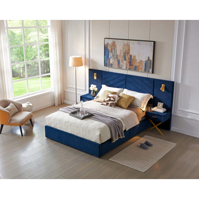 Velvet Bed Frame with Vertical Channel Tufted Wingback Headboard, Upholstered Platform Bed, Strong Wooden Slats, No Box Spring Needed, Easy Assembly(Mattress Not Included)
