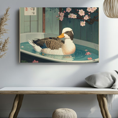 An Artistic Vintage Style Illustration Of A Canvas Duck In A Bath Surrounded By Cherry Blossoms Wall Art Premium Quality Ready To Hang