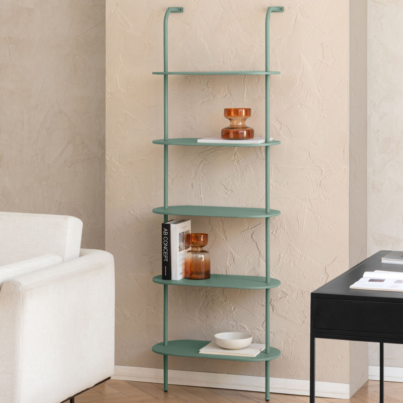 Corle 72" H x 24" W x 12" D 5-Tier Ladder Iron Bookcase Sage Green, Sage Green