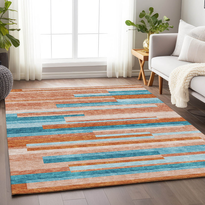 Tapis orange Prisco lavable à la machine de qualité supérieure, Rectangulaire 3 pi x 5 pi
