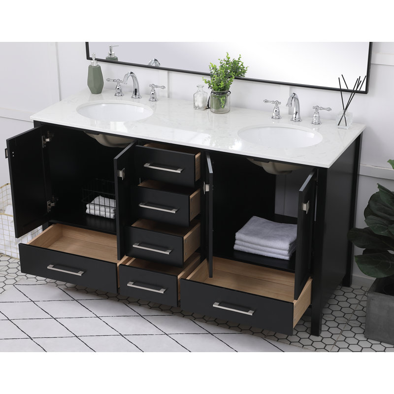 Irene 60'' Double Bathroom Vanity with Engineered Marble Top, Black