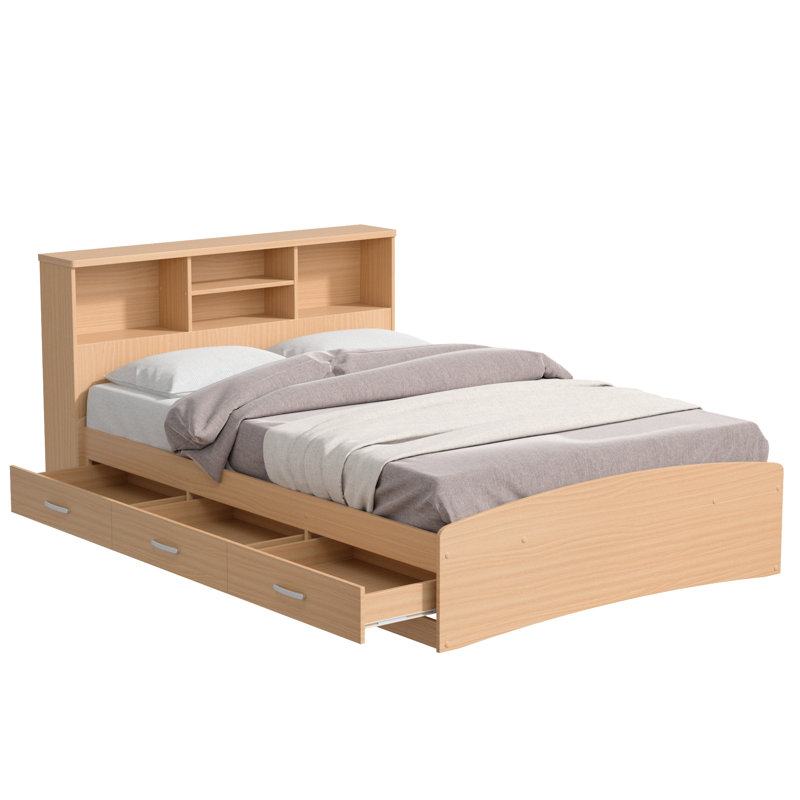 Monira Bed Frame With Storage & Headboard New Design, Beech, Full