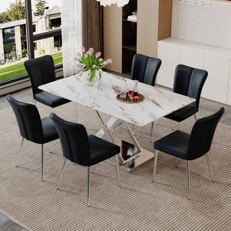 Ensemble de salle à manger rectangulaire moderne en simili marbre 63 "avec chaises en similicuir, Noir, 7