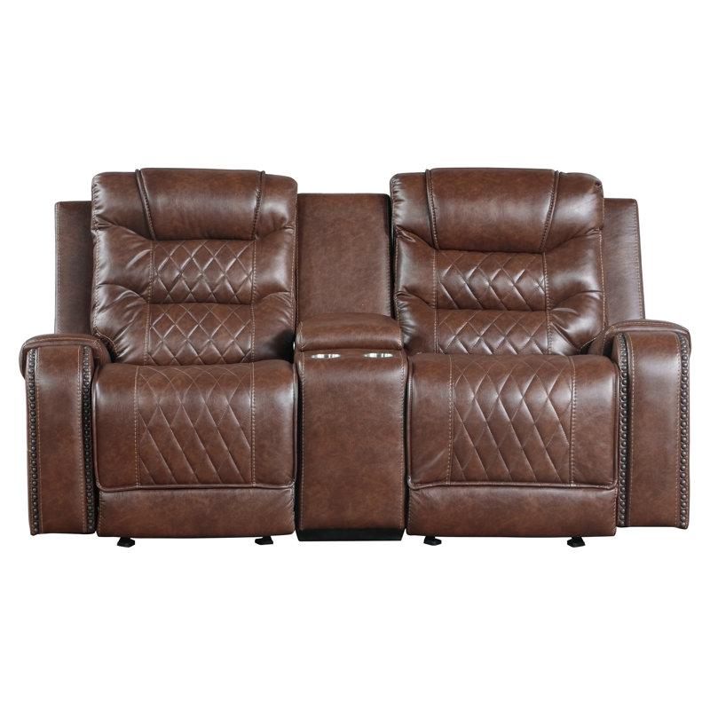Denby 77.5" Traditional Faux Leather Double Reclining Loveseat with Integrated Console, Nailhead Trim & High-Density Foam over Pocket Coils