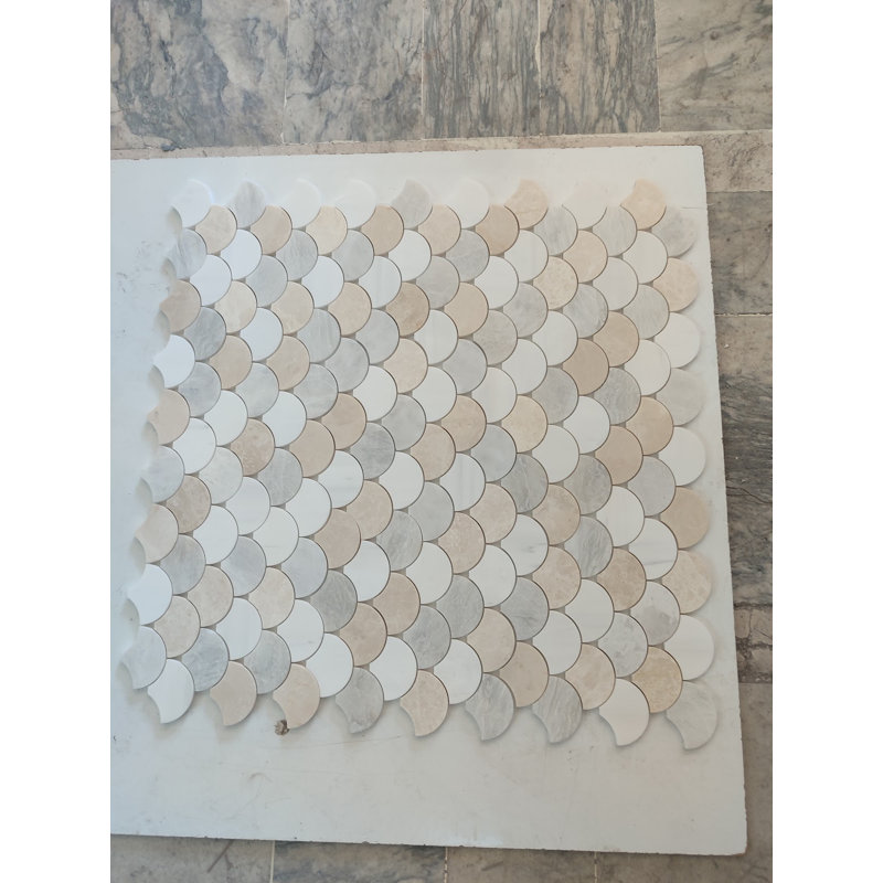 Fish Scale 12" x 12" Marble Mosaic Tile, White/Gray/Off White