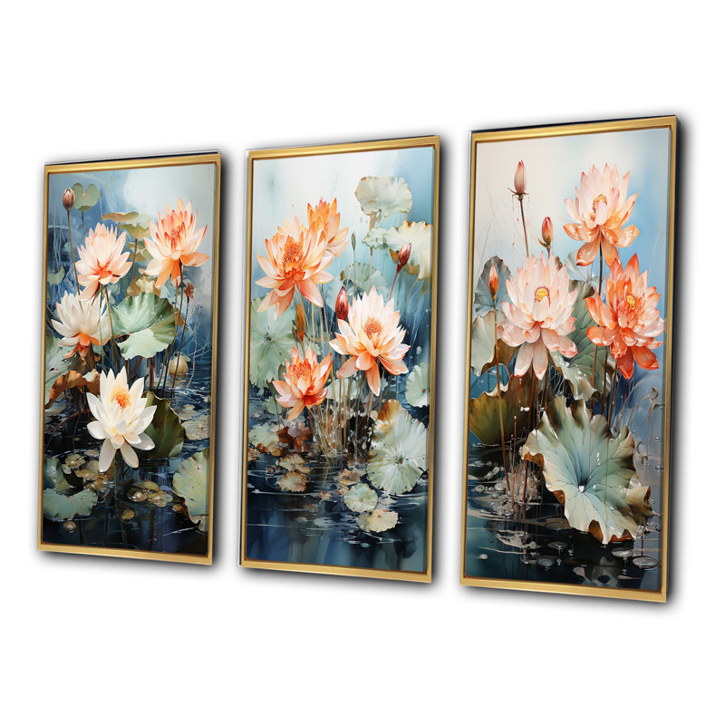 «Asian Art Lotus Pond», 3 pièces, Encadrement doré, H 28 po x l 36 po