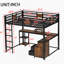 Grand lit mezzanine avec bureau et tiroirs de rangement en tissu non tissé, cadre de lit mezzanine en métal avec échelles, sans nosie et sans sommier, noir