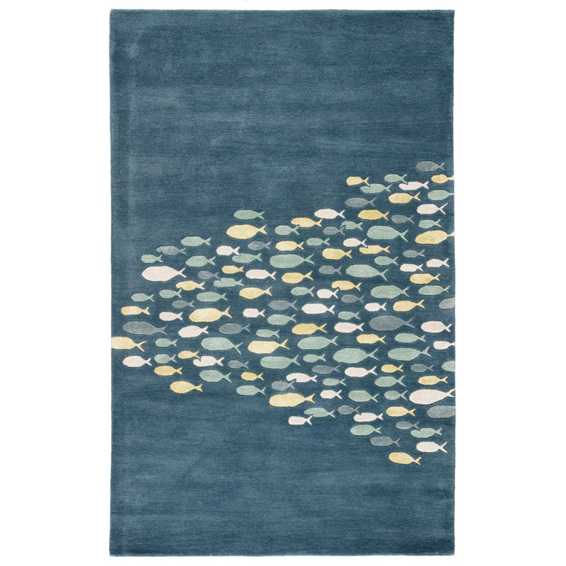 Tapis bleu / gris en laine / soie touffetée à la main Farley, Rectangle 8 pi x 11 pi