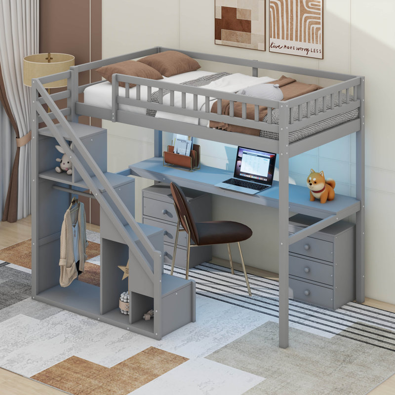  Lit mezzanine avec deux commodes, bureau et bande lumineuse, gris, Lit simple