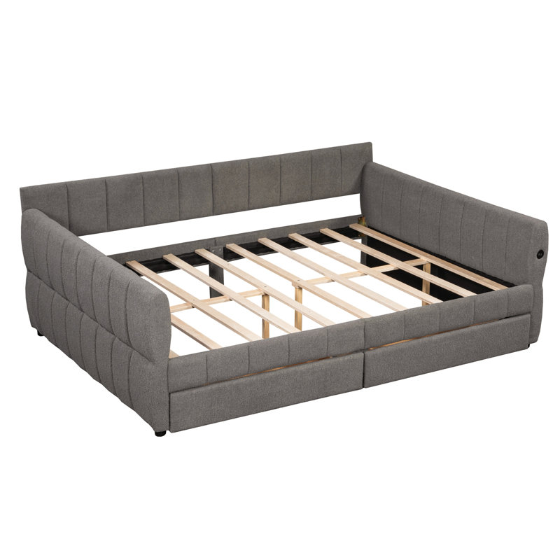 Grand lit plateforme tapissier avec port USB et 2 tiroirs, Gris