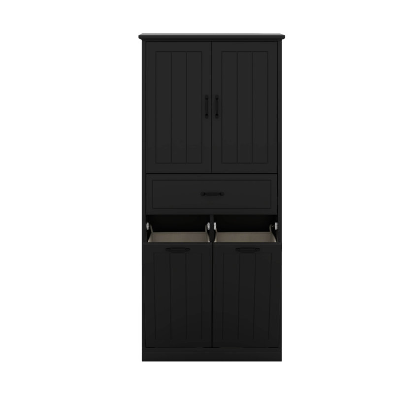 Bathroom Storage Cabinet With Two Laundry Baskets, Storage Cabinet With Doors And Drawer, Black