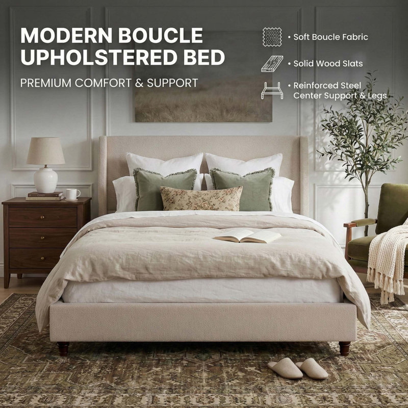 Grande base de lit tapissier à tête de lit à oreilles avec pieds rétro en bois massif, métal robuste et support en lattes de bois