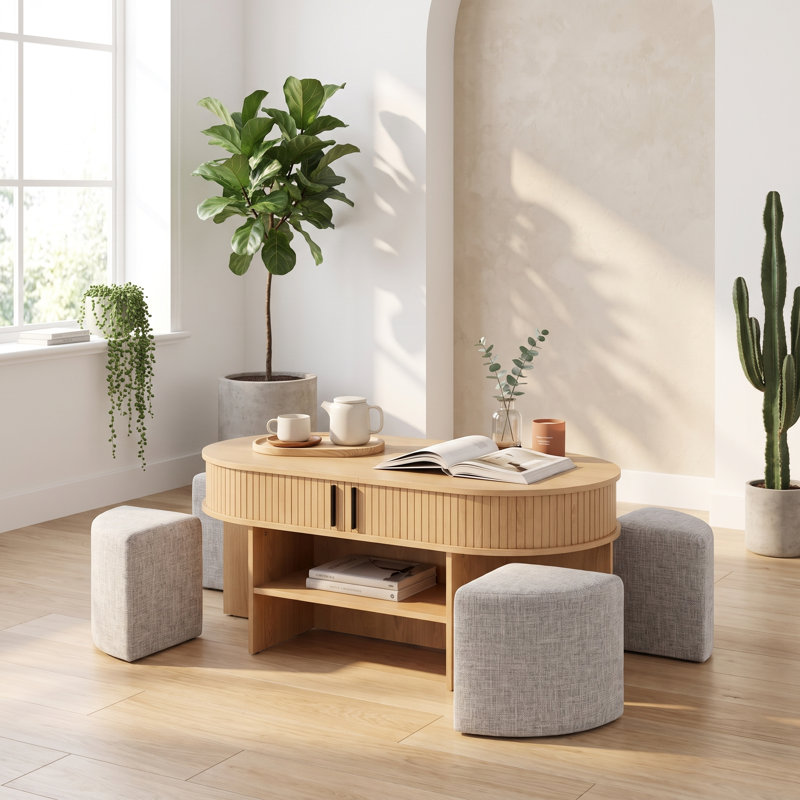 Table basse ovale en chêne 47 po avec 4 tabourets rembourrés Elyza, table de cocktail multifonctionnelle en bois avec rangement dissimulé et tablettes ouvertes, conception emboîtable peu encombrante, résistante aux égratignures