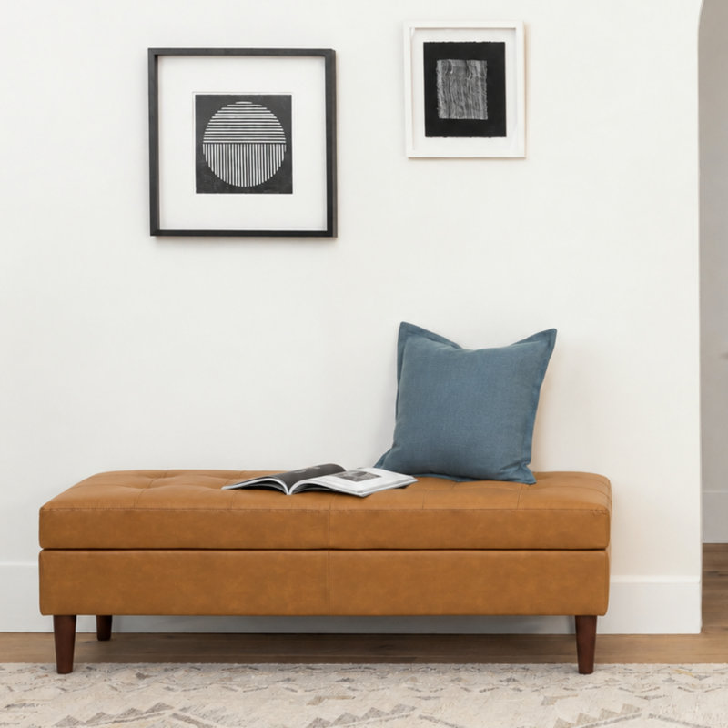 Faux Leather Ottoman Bench With Tufted Seat, Padded Upholstered Bench For Bedroom, Entryway, Dining Room, Brown