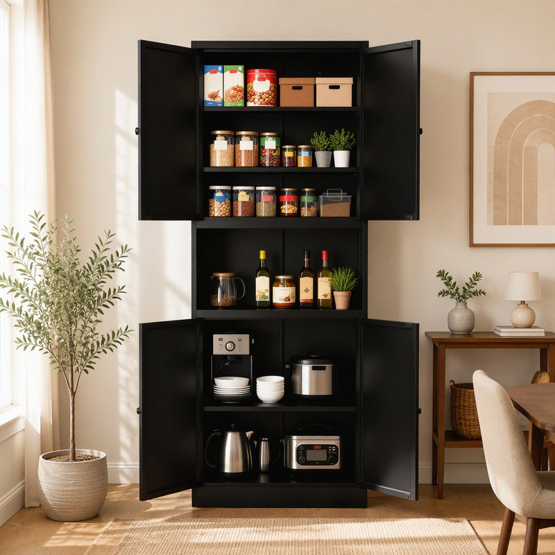 Armoire de rangement robuste en acier robuste avec grand comptoir, tablettes réglables et crochets, Black