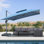 Parasol carré extérieur robuste 12 po, tissu haut de gamme, avec base, bleu denim