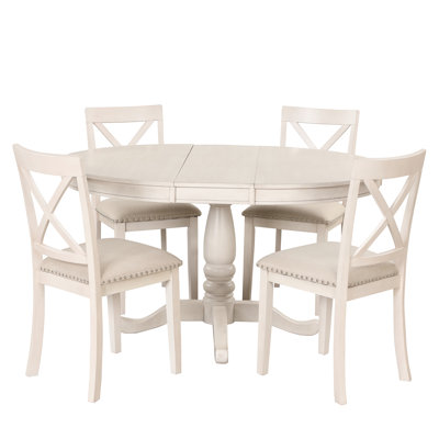 Table de salle à manger pour 4 personnes, table ronde blanche antique avec 4 chaises en bois massif, cuisine moderne pour 4 espaces et confort familial paisible
