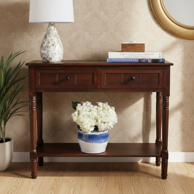 Double-Drawer Dark Cherry Wood Console Table