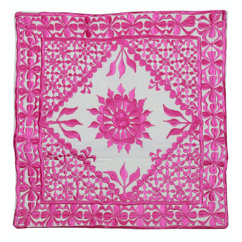 Housse de coussin traditionnelle en coton. Coussin brodé. Nouveau coussin décoratif. 18 x 19 po, Crème / floral rose