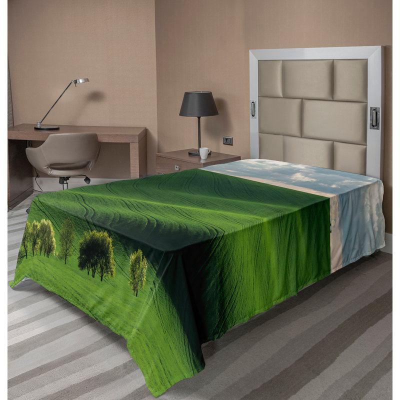 Ambesonne Nature Top Flat Sheet Cloudy Meadow Hills Green, Twin XL