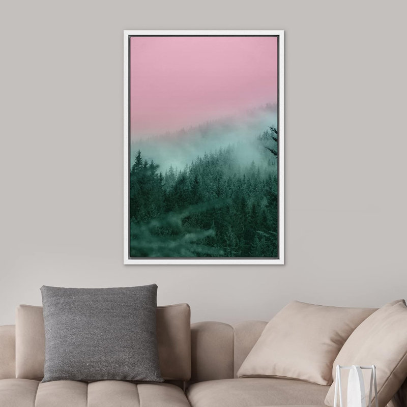 «Duotone Pink Green Mountain» sur toile, Cadre flottant blanc, H 24 po x l 16 po
