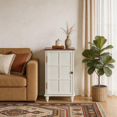 27" Tall Mid-Century Modern Floor Cabinet with Doors & Adjustable Shelf, Retro Storage Accent Console Table for Entryway, Hallway, Living Room, Kitchen & Bathroom, White
