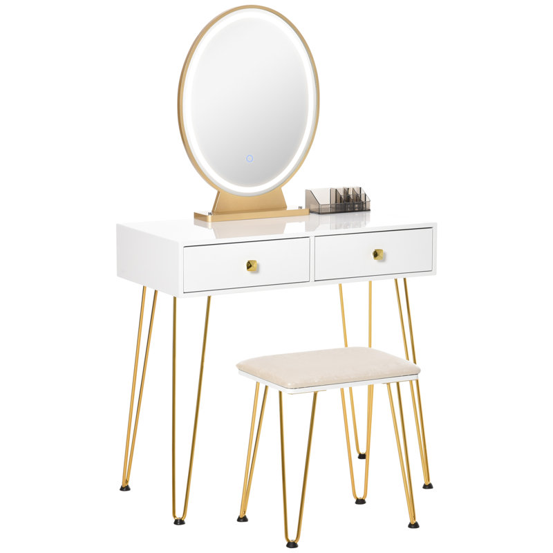 Nutt Dressing Table with Mirror and Stool with LED Lights 2 Drawers White