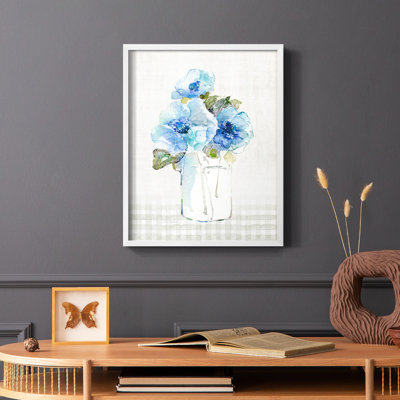 Gingham Blue Flowers I Framed Print - Solid Wood