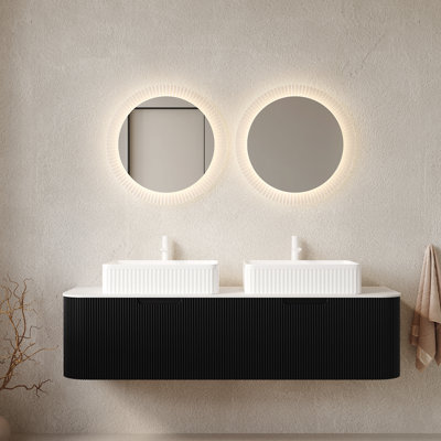 Meuble-lavabo de 60 po avec lavabo et lavabos 60 po, armoire de rangement en contreplaqué à bordures flottantes rayées avec 2 tiroirs, 2 lavabos rectangulaires blancs en céramique et plateau en pierre frittée blanche de Carrare, pré-assemblé, couleur noire